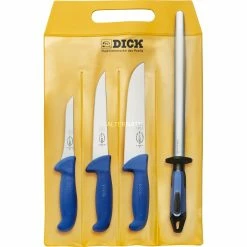Bestecke DICK ErgoGrip Starter-Set, 4-teilig, Messer (blau, Blockmesser, Ausbeinmesser, Stechmesser, Wetzstahl)